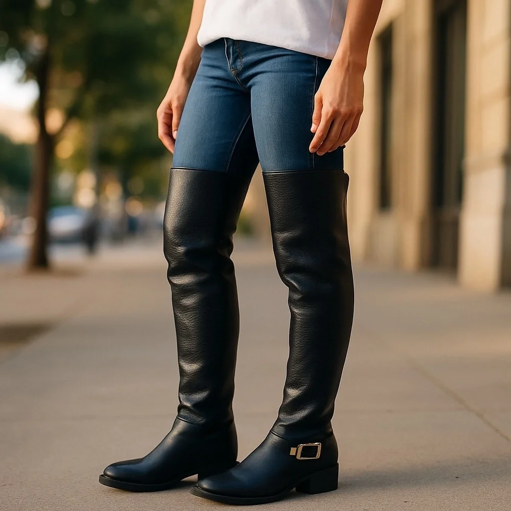 Vince Camuto Black Leather‎ knee High Bedina equestrian Boots. Block Heel…